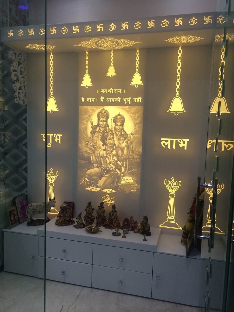 temple mandir puja acrylic pooja corian mandirs interior designs simple prayer door shades led cnc interiors rooms interested